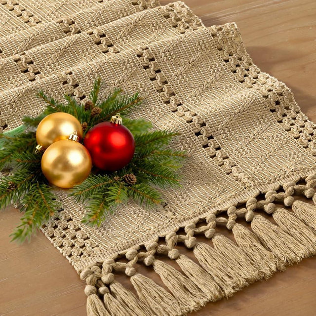 Socomi Boho Table Runner Easter Spring Farmhouse Rustic Dining Kitchen Centerpiece Decor Small Macrame Woven Cotton Linen Coffee Table Runner for Dresser Scarf Home Decor 12x60 inch Champagne