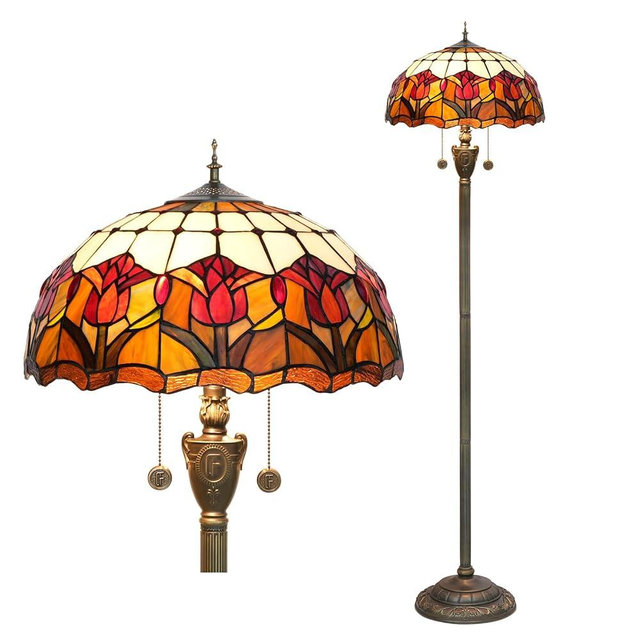 Blivuself Tiffany Floor Lamp Red Tulip Style Stained Glass Standing Reading Light 16X16X64 Inches Antique Unique Pole Corner Tall Decor Lamp for Bedroom Living Room Home Office