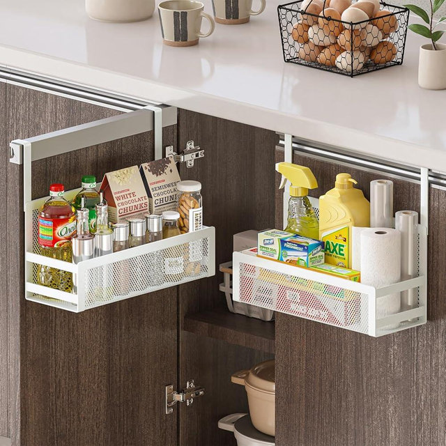 SHINEWON Hanging Kitchen Baskets Fine Mesh Wire Storage Basket Over Cabinet Door Organizer No Drilling Required for Kitchen Bathroom Office, Small, 2 Pack.