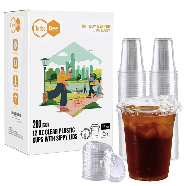 Turbo Bee 12 OZ 200 Sets Clear Plastic Cups with Strawless Sip Lids, To Go Crystal Clear Disposable Plastic Cups with Lids for Iced Coffee, Smoothies, Soda, Lemonade, Cold Beverage