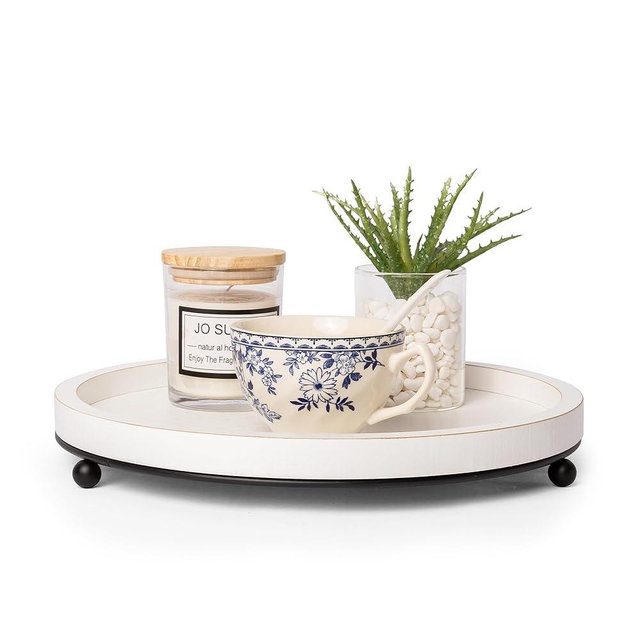 GENMOUS 12in Decorative Tray for Home Decor - White Wood Iron Bead Tray, Round Tray for Coffee Table, Rustic Wooden Tray, Farmhouse Trays Centerpiece for Living Room Decor, Kitchen Table Dining Decor