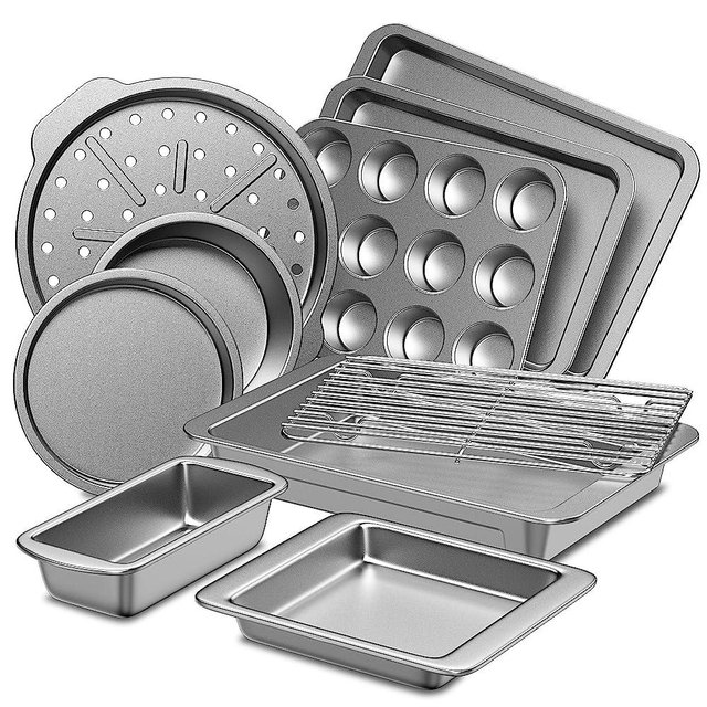 HONGBAKE Bakeware Sets, Baking Pans Set, Nonstick Oven Pan for Kitchen with Wider Grips, 10-Pieces Including Rack, Cookie Sheet, Cake Pans, Loaf Pan, Muffin Pan, Pizza Pan - Sliver