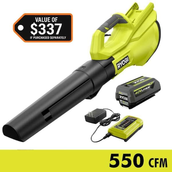RYOBI 40V 120 MPH 550 CFM Cordless Battery Leaf Blower With 4.0 Ah Battery and Charger RY40LB01K