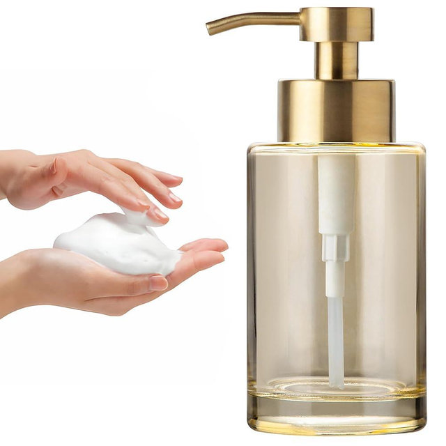 Enra Gold Foaming Soap Dispenser,12oz Thick Glass Bathroom Soap Dispenser with Stainless Steel Pump,Dish Soap Dispenser,Soap Dispenser for Bathroom,Kitchen(Gold Foam Dispenser)
