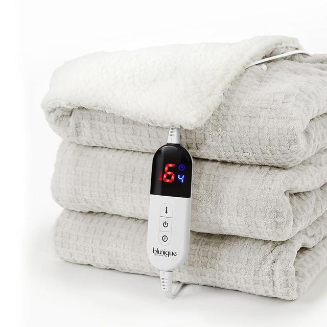 blunique Heated Blanket Electric Throw Waffle, 50x60 Inches Sherpa Fleece Fast Heating Blanket 6 Heating Levels & 4 Hours Auto Off ETL Certification, Light Gray Throw