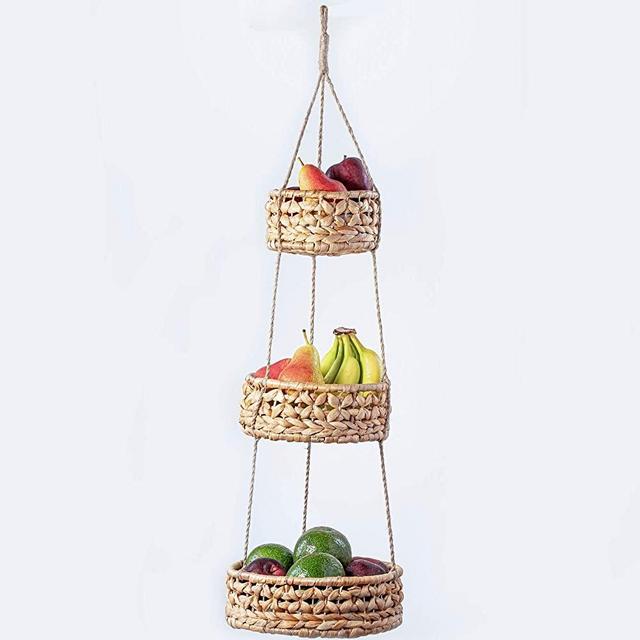 3 Tier Hanging Basket | Natural Woven Seagrass Wicker Baskets | Kitchen Fruit Storage Organizer | Plant Holder | Handmade Modern Boho Home Decor | Countertop Space Saver for Fruits or Vegetables