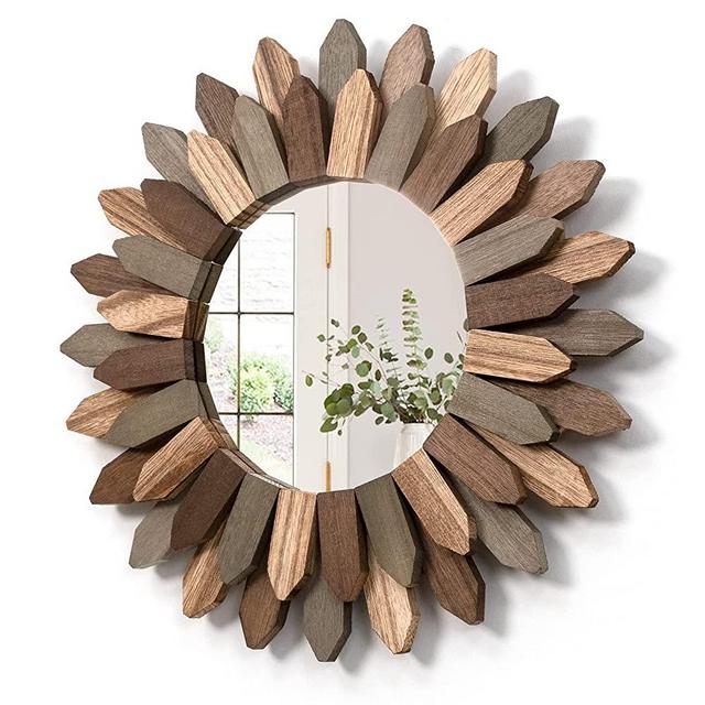 Honiway Wall Mirror Decorative Mirror for Wall 12 inch with Rustic Wood Sunburst Framed Boho Wall Decor Room Decor Home Decor for Bedroom Living Room Tri Color