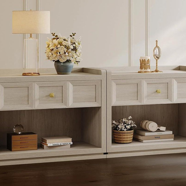 SICOTAS 31" Wide Nightstands Set of 2, Large Night Stands with Drawer, Oversized King Size Nightstand Bedside Table for Bedroom, Farmhouse End Side Table Set of 2 with Round Corners,Grey White Oak