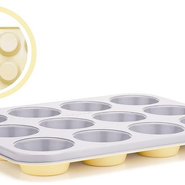 LeGourmet Nonstick 12 Cups Muffin Pan, Ceramic Coating, Non-Toxic, Rust Resistant Aluminized Steel, Perfect Baking Tin for Cupcake and Brownie - Butter