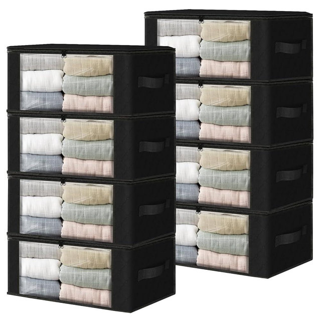 HomeHacks Storage 8-Pack Clothes Organizer Storage Bags Foldable Storage Box with Large Clear Window Sturdy Handles for Closet, Dorm, Pillows, Bedding, Clothes, Blankets, 35L, Black