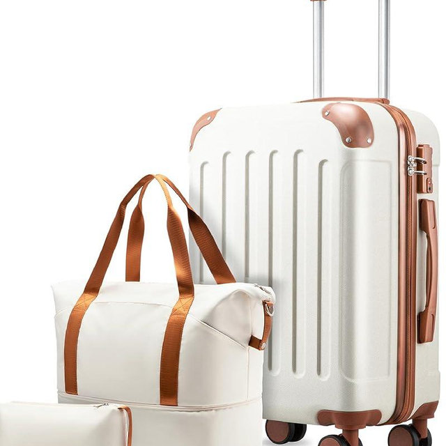 YOETEY Carry On Luggage 22x14x9 Airline Approved, Hardside Suitcase with Wheels, TSA Approved, Tote Bag, White Brown