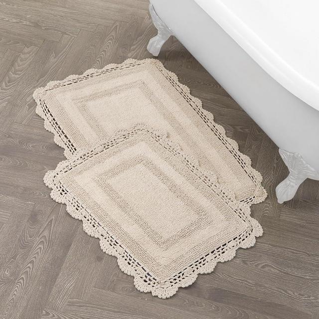 Laura Ashley Crochet Cotton 17x24/21x34 in. 2-Piece Bath Rug Set, Linen