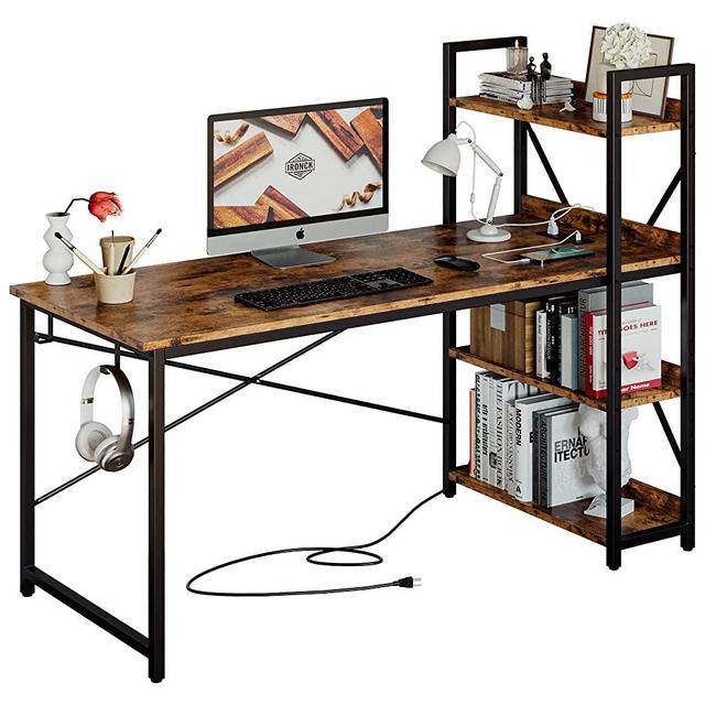 IRONCK Computer Desk 55" with Power Outlet & Storage Shelves, Study Writing Table with USB Ports Charging Station, PC Desk Workstation for Home Office, Rustic Brown