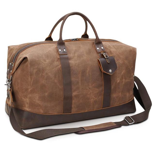 Polare 23” Waterproof Travel Duffel Bag Waxed Canvas Cowhide Leather Trim Luggage for Gym 55L Weekender Overnight Carry on Bag (Brown-23")