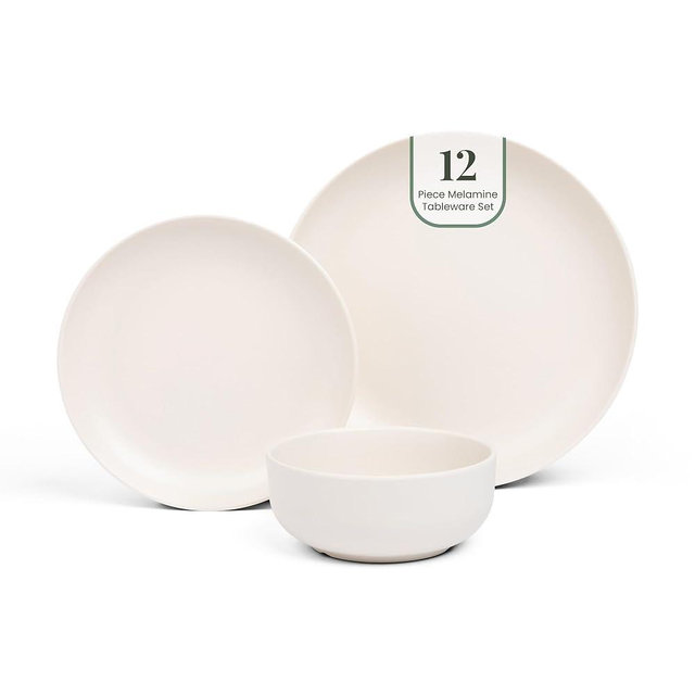 Larder & Vine 12-Piece Melamine Dinnerware Set: Durable, Lightweight, Break-Resistant Plates & Bowls – Stylish, Non-Toxic, Dishwasher Safe – Ideal for Everyday Use, Indoor & Outdoor Dining – Ivory