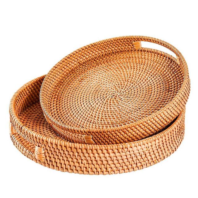 FIYAMMY Round Rattan Serving Tray, Serving Basket with Handles, Decorative Tray for Coffee Table Wicker Fruit/Bread Serving Basket Set of 2 (13in x 2.8in；11.8in x 2.4in)