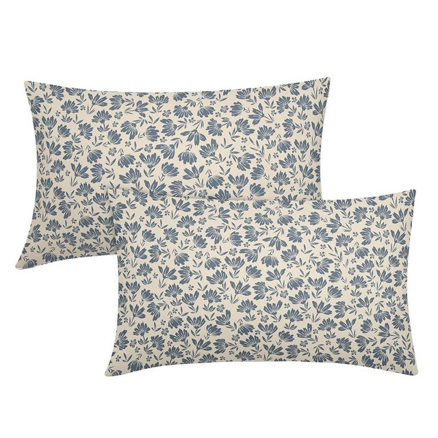 Kawani Daisy Floral Block Print Lumbar Pillow Covers 12X20 Inch Gray Blue Beige Flowers Decorative Pillow Cases Set of 2 Farmhouse Home Decor Vintage Rustic Cute Throw Pillows for Sofa Couch Outdoor