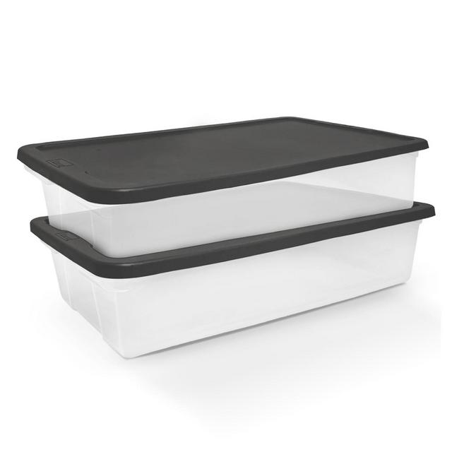 Homz 41-Quart Plastic Under Bed Stackable Storage Container Bin with Gray Snap-Close Lid for Home and Office Organization, 2-Pack, Clear