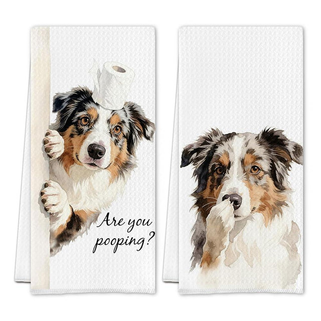 SereneHanctuary Funny Australian Shepherd Bathroom Hand Towels, Aussie Lover Gifts for Women, are You Pooping Decorative Hand Towel Decor for Washroom Restroom, 16x24 Inch Set of 2