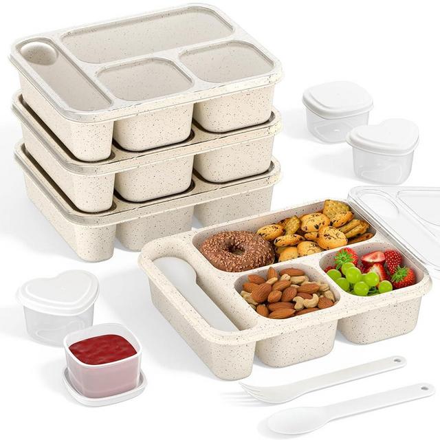 Enstphjoy 4 Pack Bento Box for Kids, 4-Compartment 34oz Wheat Straw Snack Box Containers for Adults, Reusable Lunch Meal Prep Containers, Stackable for Picnic, School, and Work (Wheat Beige)