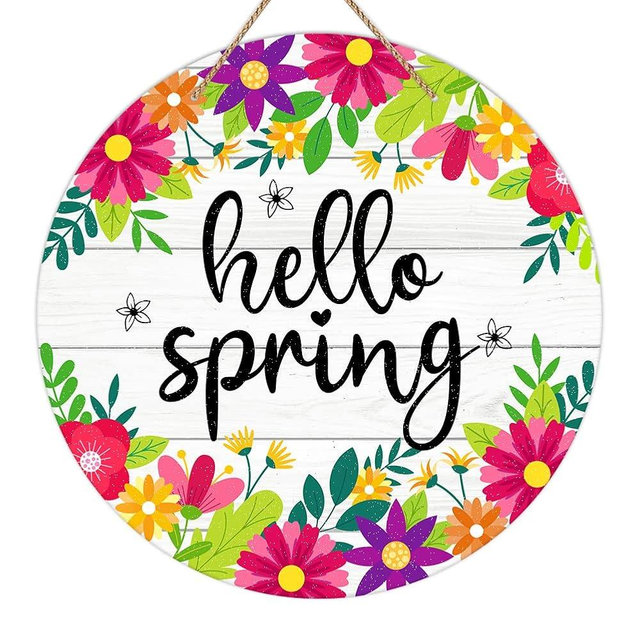 SICOHOME Hello Spring Door Sign 11.5" Colorful Flowers Spring Decor Sign Welcome Spring Hanger Sign Farmhouse Spring Door Decorations Hanging For Home Front Door Wall Porch Indoor Outdoor Decor