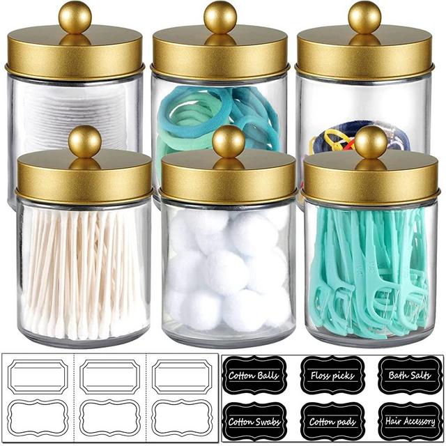 6 Pack Apothecary Jars Bathroom Vanity Organizer- Rustic Farmhouse Decor Storage Canister with Stainless Steel Lids- Qtip Dispenser Holder for Q-Tips,Cotton Swabs,Rounds,Ball,Flossers (Gold)