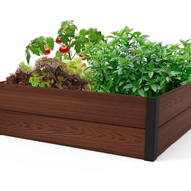 Keter 48" X 48" inches Wood Look Raised Garden Bed, Durable Outdoor Herb Garden Planter for Vegetables, Flowers, and Succulents, Brown