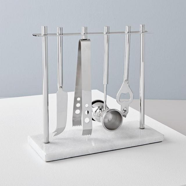 Deco Barware Collection, Bar Tools w/Stand, Nickel & Marble