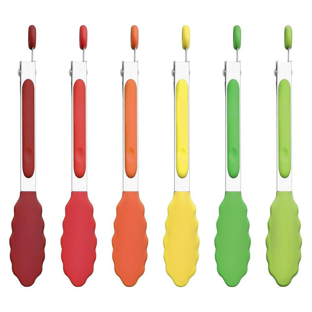 7-Inch Silicone Tongs Pack of 6, Small Stainless Steel Tongs with Silicone Tips for Cooking, Serving, BBQ, Grilling, Salad, Buffet, Party (7", 6PCS, Colorful)
