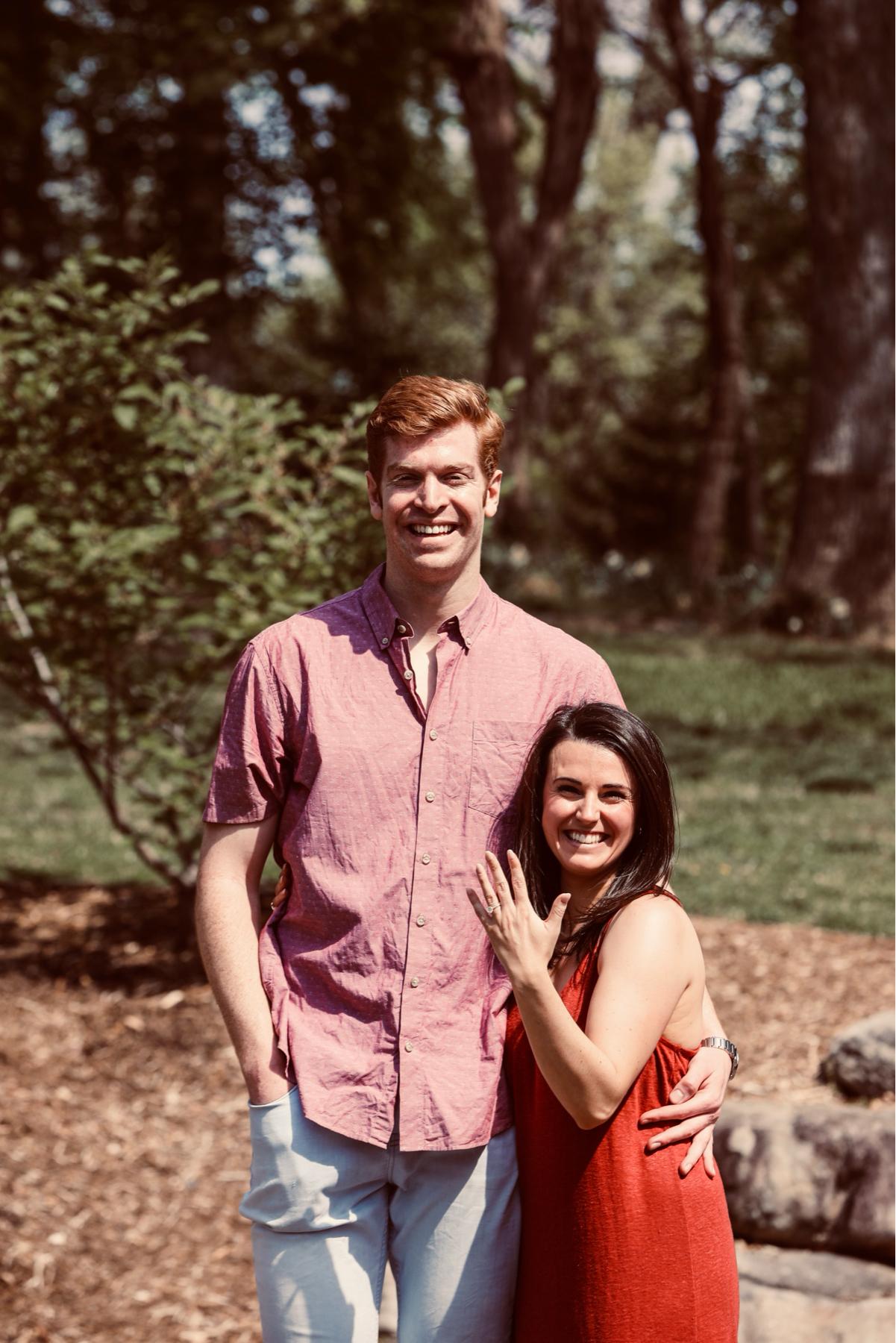 Our engagement at a beautiful park following a dog walk with Georgie near our first apartment
