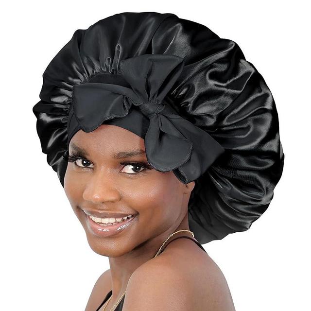 BONNET QUEEN Silk Bonnet for Sleeping Women Satin Bonnet Hair Bonnet night sleep cap scarf wrap for curly hair With Tie Band Black