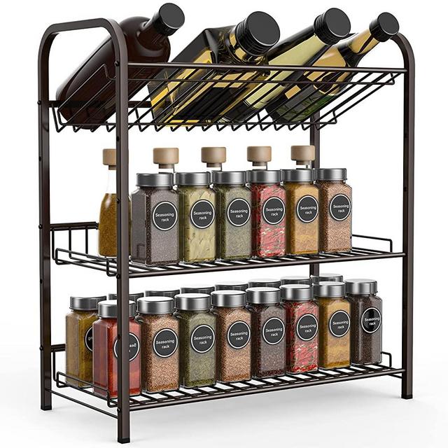 Auledio 3-Tier Adjustable Spice Rack, Expandable Countertop Seasoning Bottle Organizer for Cabinet,Brone