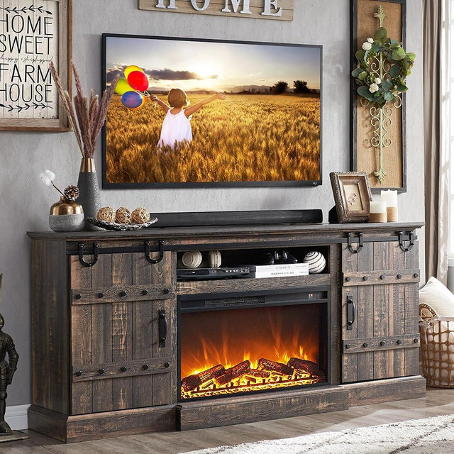 OKD 70" Fireplace TV Stand for 75 80 Inch TV, Farmhouse Highboy Entertainment Center with 30" Electric Fireplace &Sliding Barn Doors, 32" Tall Media Console Cabinet for Living Room, Dark Rustic Oak