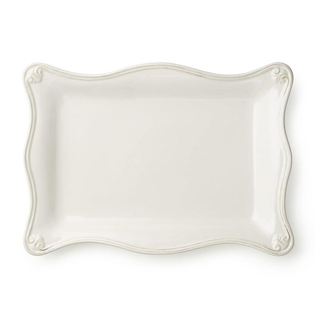 Heritage Scroll Rectangular Platter – Elegant 14" x 10" Stoneware Serving Tray with Sculpted Edges – Ivory Glazed Classic Serveware for Entertaining, Holidays, or Home Décor