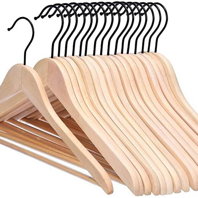 JS HANGER Wooden Coat Hangers, 16 Pack High Grade Wood Suit Hangers with Non Slip Pant Bar - Extra Smooth and Splinter Free, Unvarnished