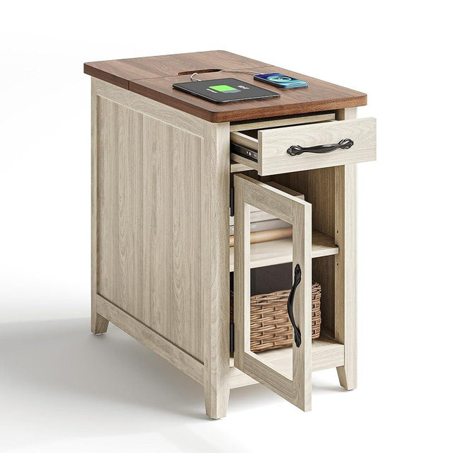 LINSY HOME Farmhouse End Table with Charging Station, Narrow Side Table for Living Room, Sofa Side Table with Drawer and Storage Cabinet, Small Nightstand for Home Office