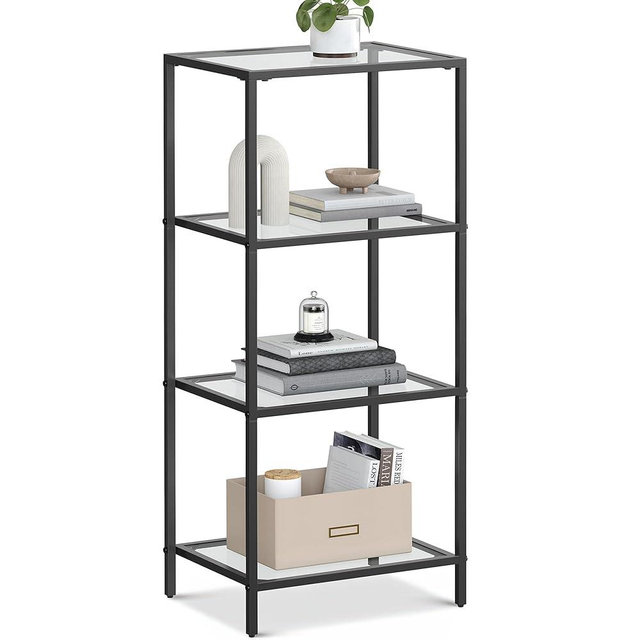 VASAGLE Bookcase, 4-Tier Bookshelf, Slim Shelving Unit for Bedroom, Bathroom, Home Office, Tempered Glass, Steel Frame, Ink Black ULGT028B61