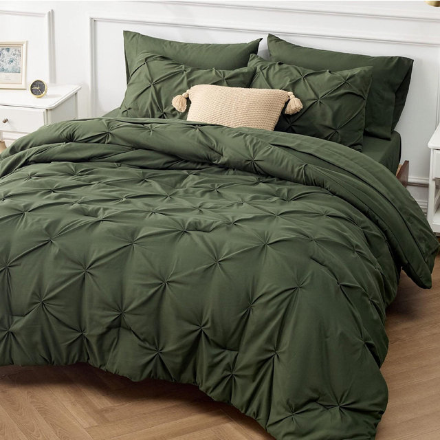 Solid Diamond Pintuck 7pcs King Olive Green Bedding Set Comforter Set - Bedsure