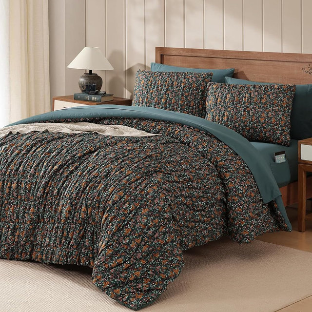 King Size Comforter Set - 3 Pieces Dark Green Ruched Floral King Bedding | Shabby Chic Farmhouse Bedding, Soft Lightweight Bed Set, Puff Floral Comforter with 2 Pillowcases, 102" x 90"