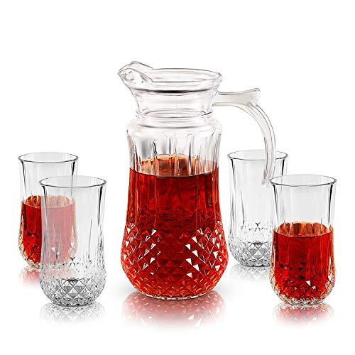 Pitcher with Handle and Drinking Glasses Set | 59oz Glass Carafe Pitcher with Handle And 4 12-oz Tumblers - Kitchen Glassware Set for Water, Juice, Beer And Wine, Ideal 5-pc Gift Set