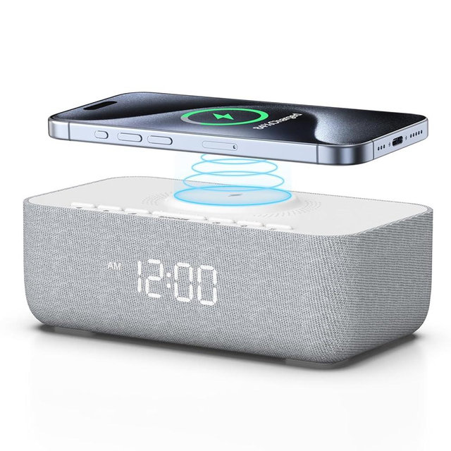 Reacher Sound Machine Alarm Clock, Wireless Charger for iPhone/Phone, 0-100% Dimmable, 15W Fast Wireless Charging Station, Digital Clock, White Noise Machine for Bedroom, Bedside, Office