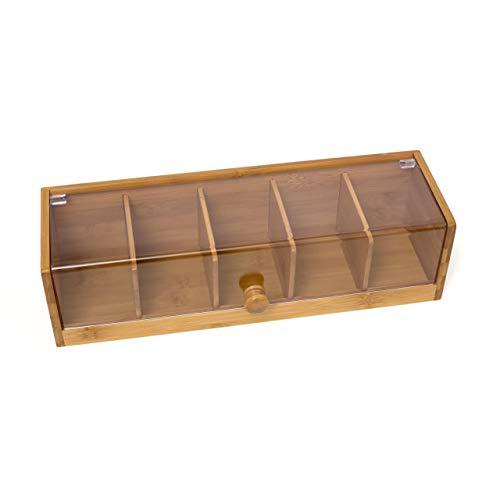 Lipper International 8187 Bamboo Wood and Acrylic Tea Box with 5 Sections, 14" x 5" x 3-3/4"