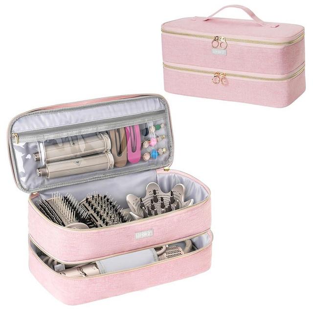 Travel Carrying Case Compatible with Shark Flexstyle Styler/Hair Dryer,Double-Layer Hair Hot Tools Storage Bag Compatible with Dyson Airwrap Styler/Supersonic Hair Dryer and Attachments,Pink(Bag Only)