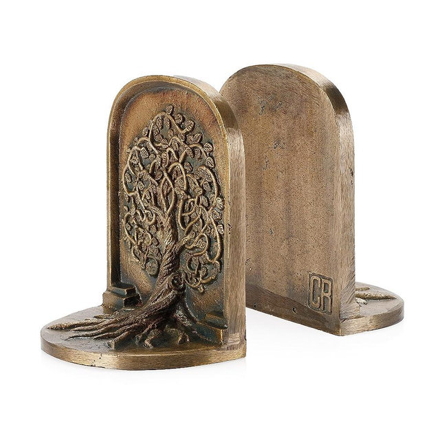Tree of Life Bookends Set, Antique Brass Tree Book Ends, 2 Decorative Bookends for Shelves or Bookcase, Cast Iron Bookends, Stylish Brass Bookends, Non-Skid Anti-Slip Heavy Bookends, Home Décor Gift