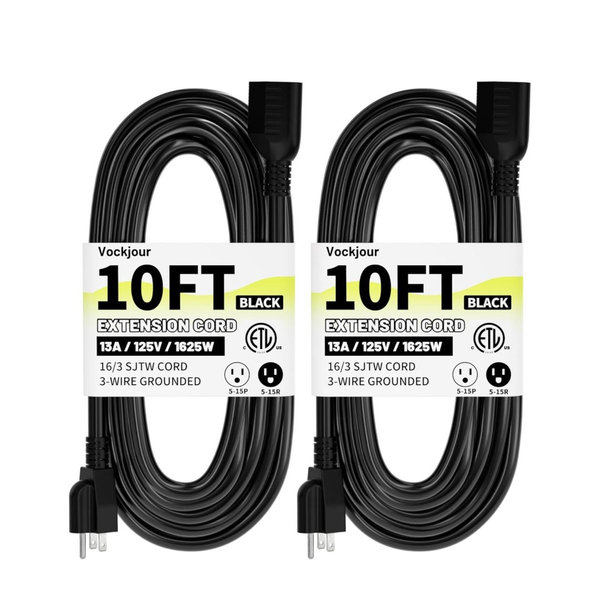 16/3 Black Indoor Outdoor Extension Cord 10 Ft 2 Pack Waterproof, Extension Cord with 3 Prong Grounded Plug,13A 1625W 16AWG SJTW, Flexible Weatherproof Power Cable