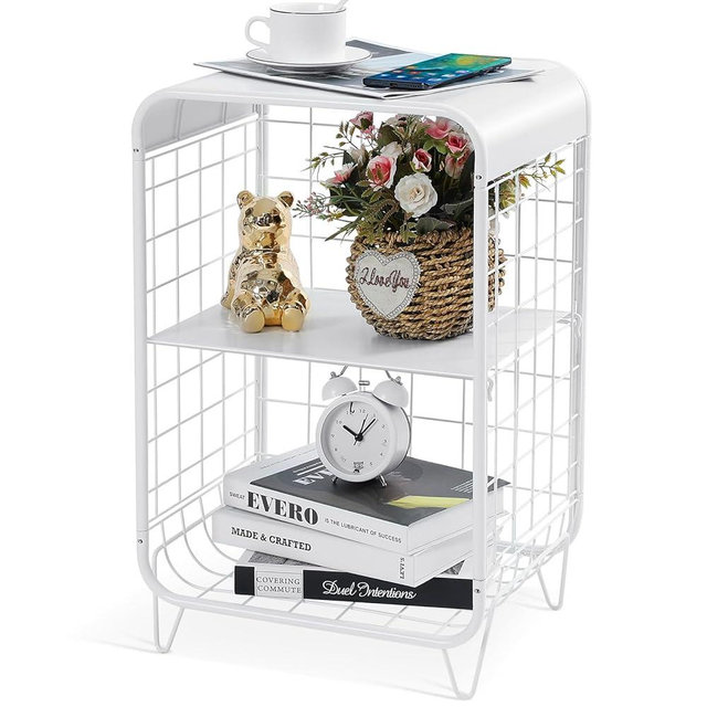 APEXCHASER Cute Nightstand,Metal Side Table,3 Tier End Table with Storage,Vintage Bedside Table,Girls Bedroom Furniture,Coffee Table for Living Room,Bedroom,Dorm,White