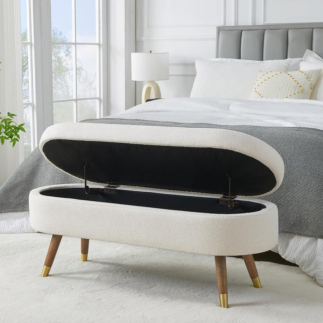 IAFIKE Oval Storage Bench 43.5" Ottoman Bench Upholstered Boucle Fabric Footrest Bench with Golden Metal Legs End of Bed for Bedroom, Living Room, Entryway,Bed Side (Ivory)