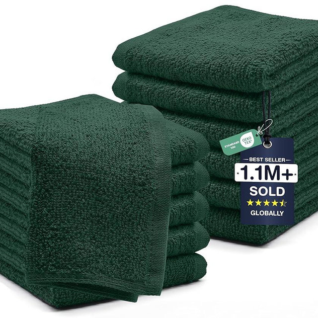 DAN RIVER 12 Pack Wash Cloths for Showering [12x12] - 100% Cotton Washcloths Premium Quality Flannel Face Cloths for Bathroom, Highly Absorbent and Soft Feel Wash Clothes, Hunter Green