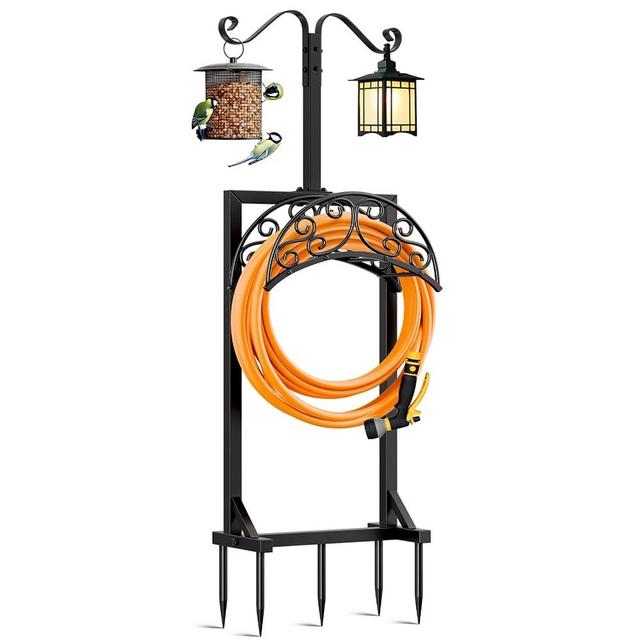 Jvgoo Garden Hose Holder for Outside - Upgraded Water Hose Holders with 5 Spikes & 2 Shepherds Hooks, Freestanding Garden Hose Stand Heavy Duty Hose Hanger Hose Storage Hose Reel Rack for Yard Lawn