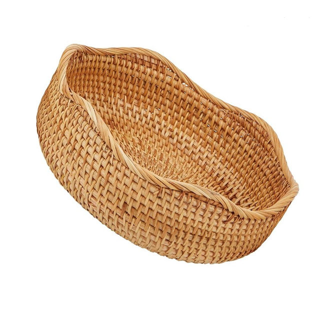 Whalehub Natural Rattan Round Fruit Basket Bowls, Hand Woven Decor Serving Baskets, Wicker Storage for Dinning Room (Wave-Medium)